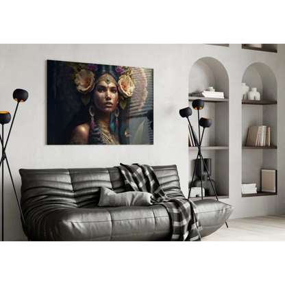 Black leather sofa with floral butterfly wall art