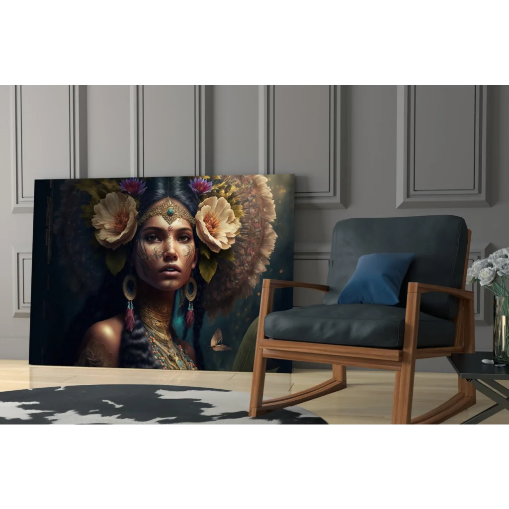 Stunning floral canvas wall art of woman with flowers in hair