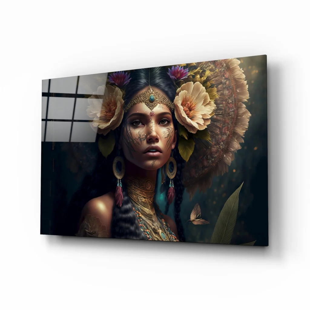 Stunning floral canvas wall art of woman with butterfly headdress