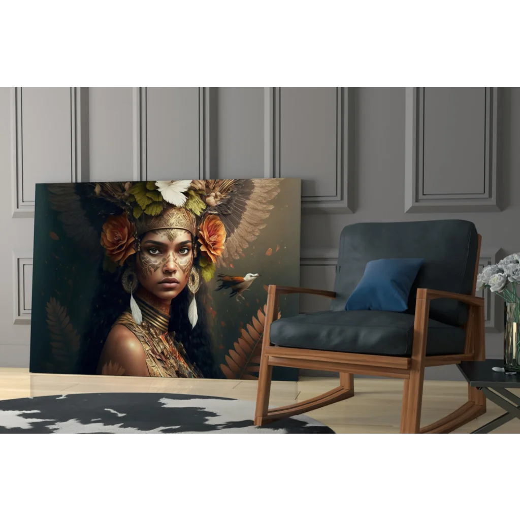 Stunning floral feather woman canvas wall art print in earthy tones