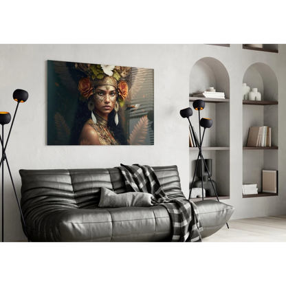 Stunning floral feather woman wall art print on black leather sofa