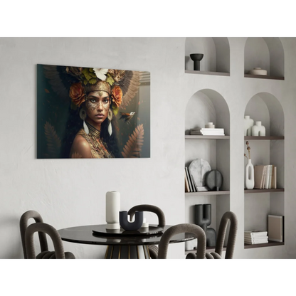 Stunning floral feather woman wall art print with black round dining table