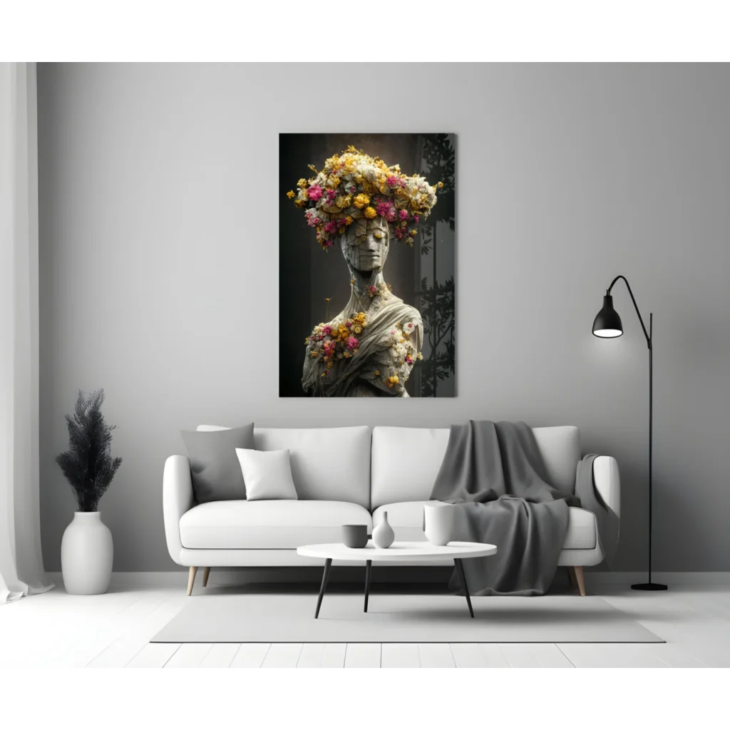 Vibrant floral print glass wall art with womans portrait and blooms