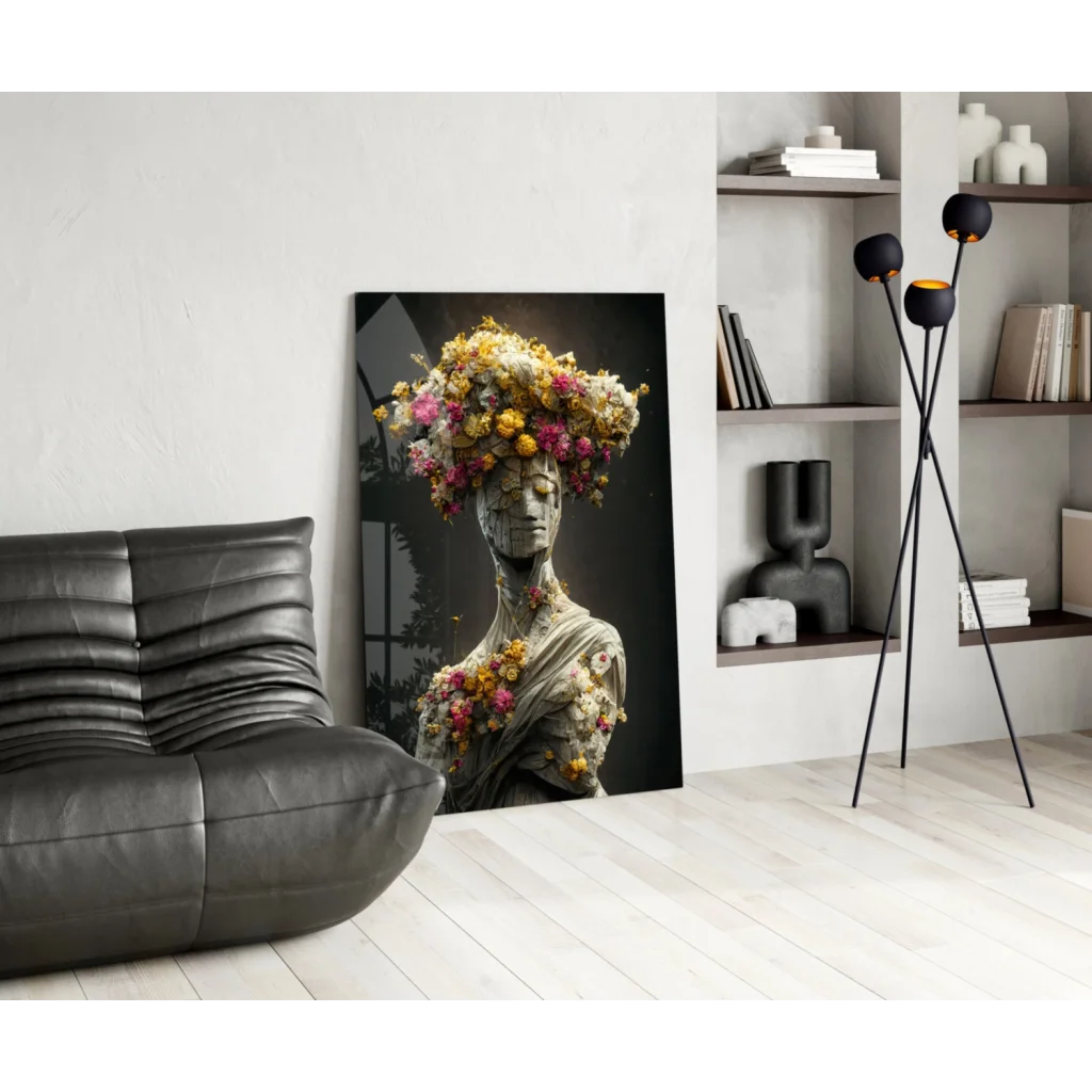 Stunning floral glass wall art with vibrant blooms on black leather sofa