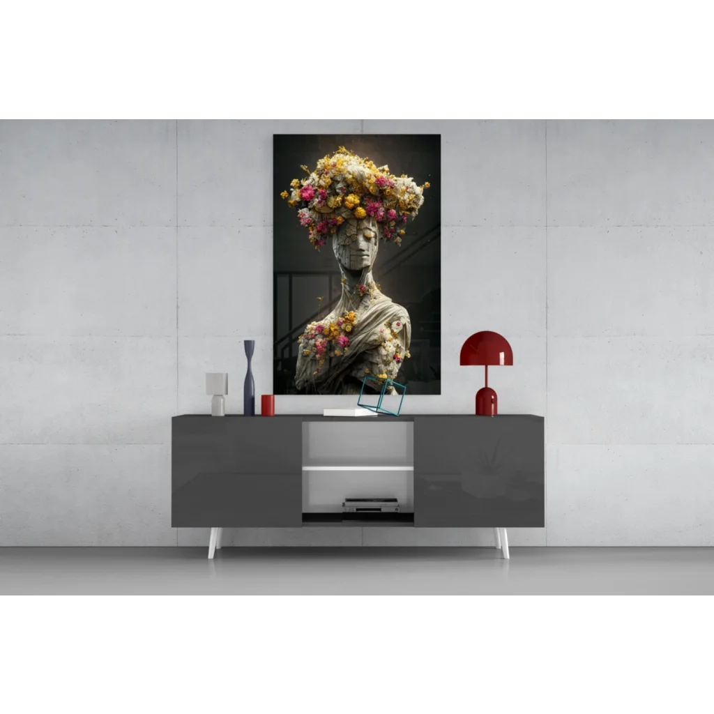 Stunning floral statue glass wall art with vibrant blooms