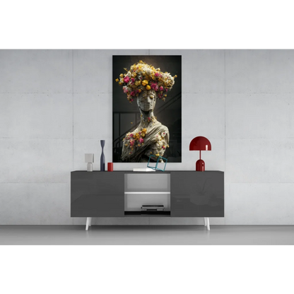 Stunning floral statue glass wall art with vibrant blooms