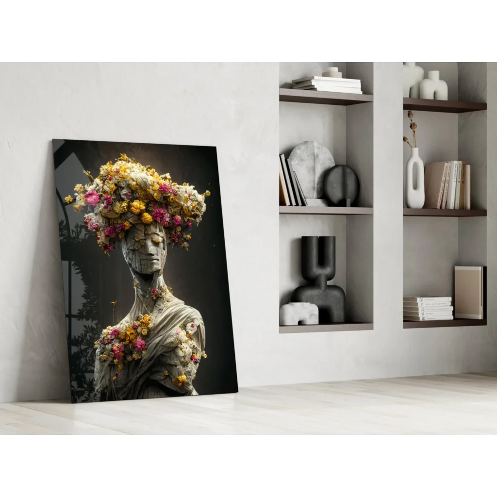 Stunning floral statue glass wall art with bronze gold accents