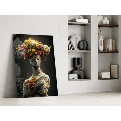 Stunning floral statue glass wall art with bronze gold accents