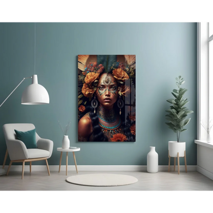Stunning floral woman glass wall art canvas print with flowers and feathers on teal background