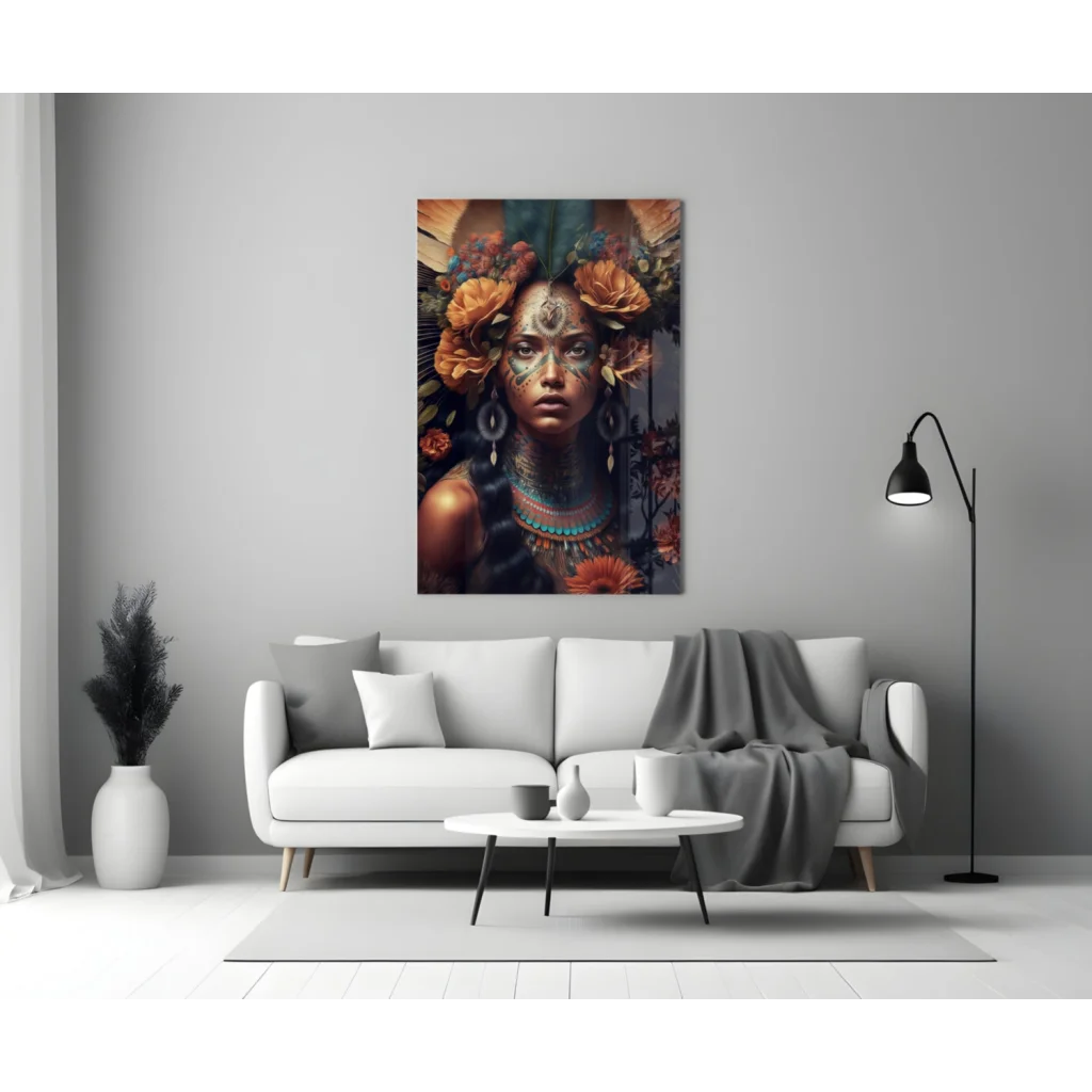 Modern gray sofa with white cushions and dark blanket under Stunning Floral Woman glass wall art