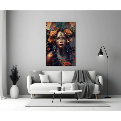 Modern gray sofa with white cushions and dark blanket under Stunning Floral Woman glass wall art