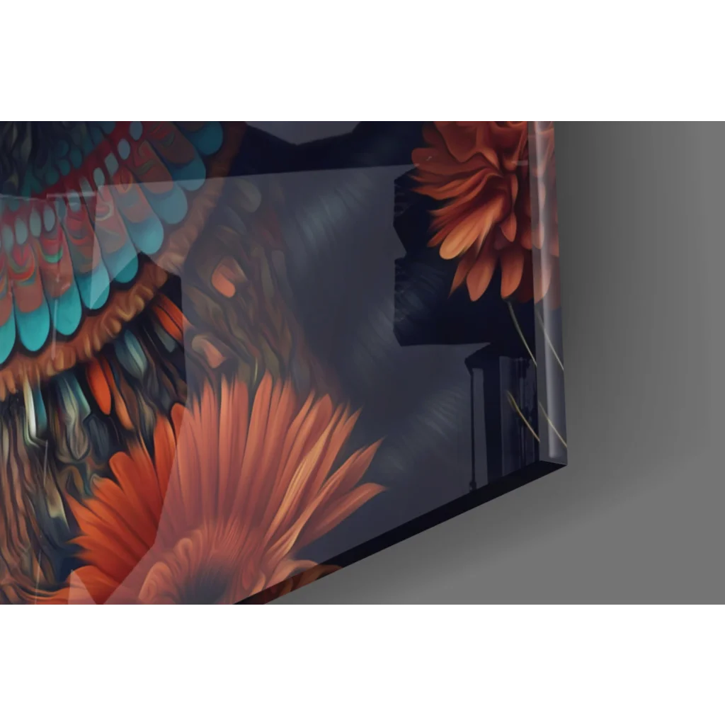 Samsung QLED TV with vibrant orange blue floral woman glass wall art