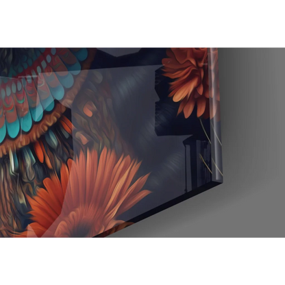 Samsung QLED TV with vibrant orange blue floral woman glass wall art