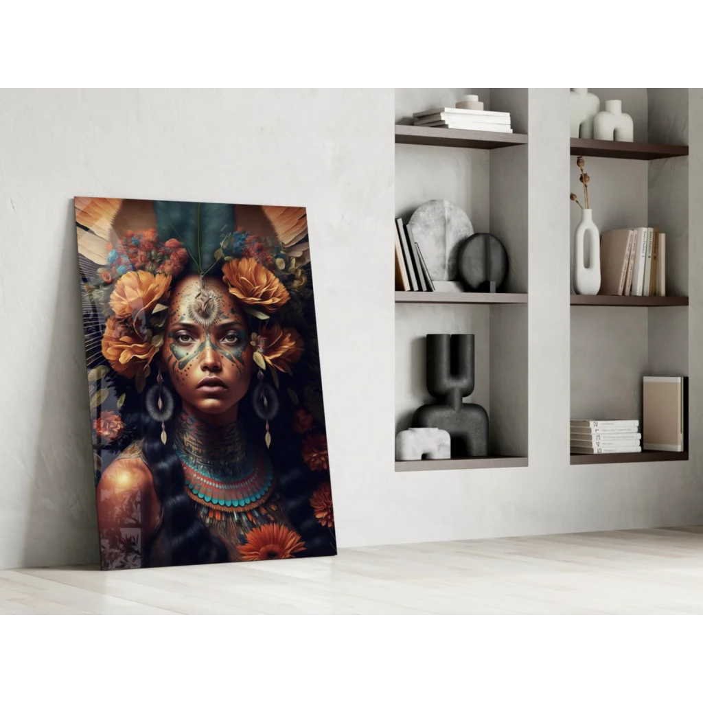 Stunning floral woman glass wall art canvas print in earthy orange and green tones