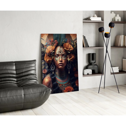 Stunning floral woman glass wall art with black leather sofa