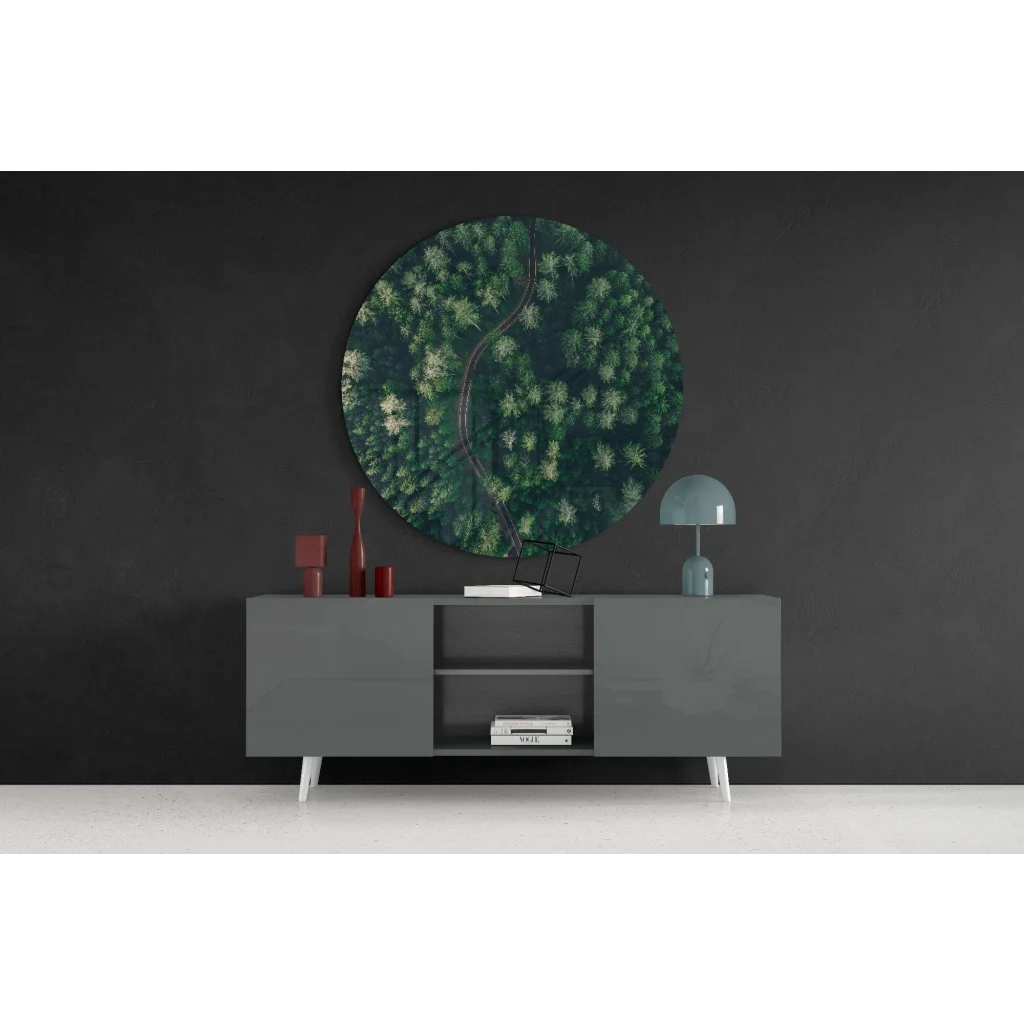 Gray modern sideboard with white legs, tempered glass art display