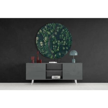 Gray modern sideboard with white legs, tempered glass art display
