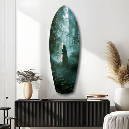 Stunning forest surfboard tempered glass art in green blue tones
