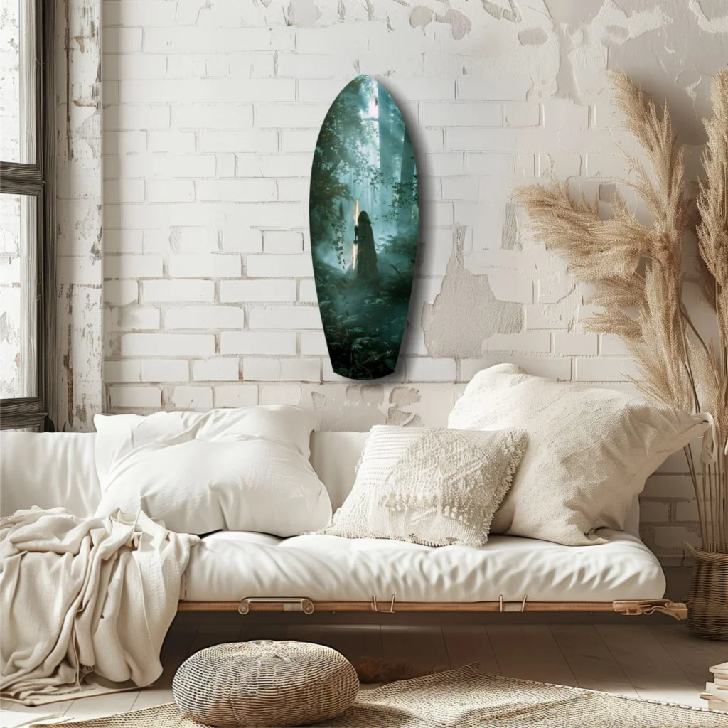 Stunning forest surfboard tempered glass art with blue-green gradient silhouette