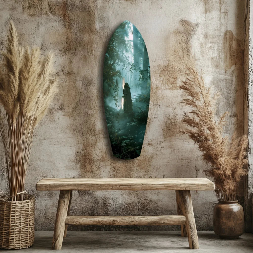 Stunning green surfboard tempered glass art with person design, bench, pampas