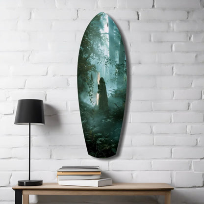 Modern green surfboard tempered glass art with forest scene, minimalist style