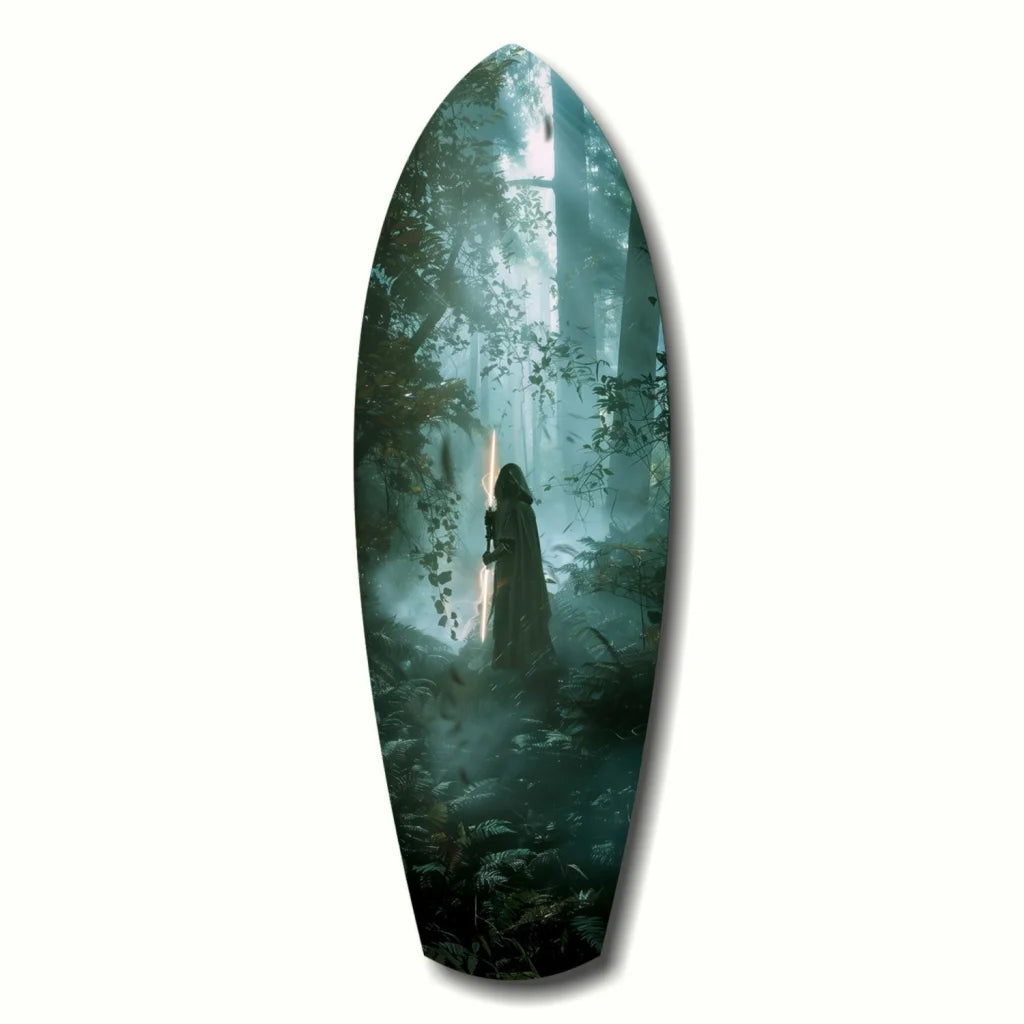 Stunning forest surfboard tempered glass art in green and blue tones