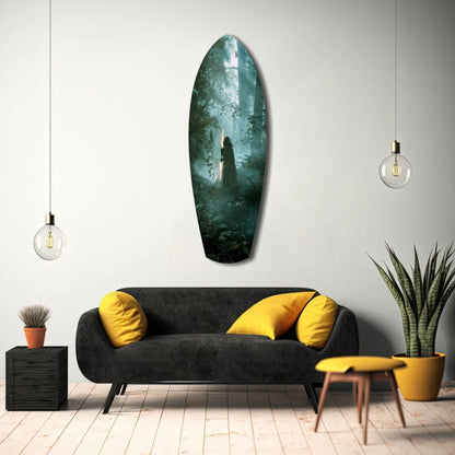 Stunning forest surfboard tempered glass art with green-blue gradient figure