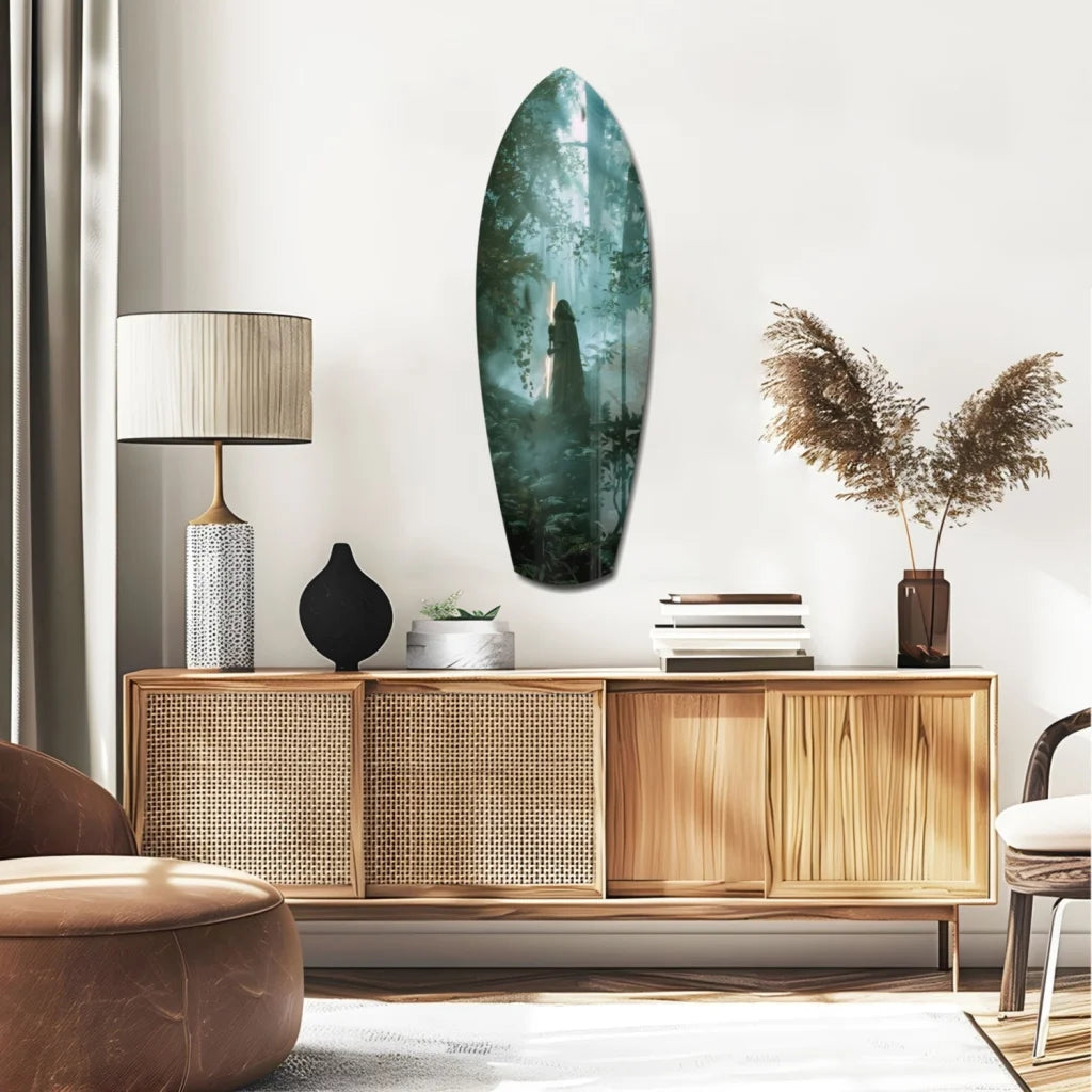 Stunning green surfboard tempered glass art with forest texture