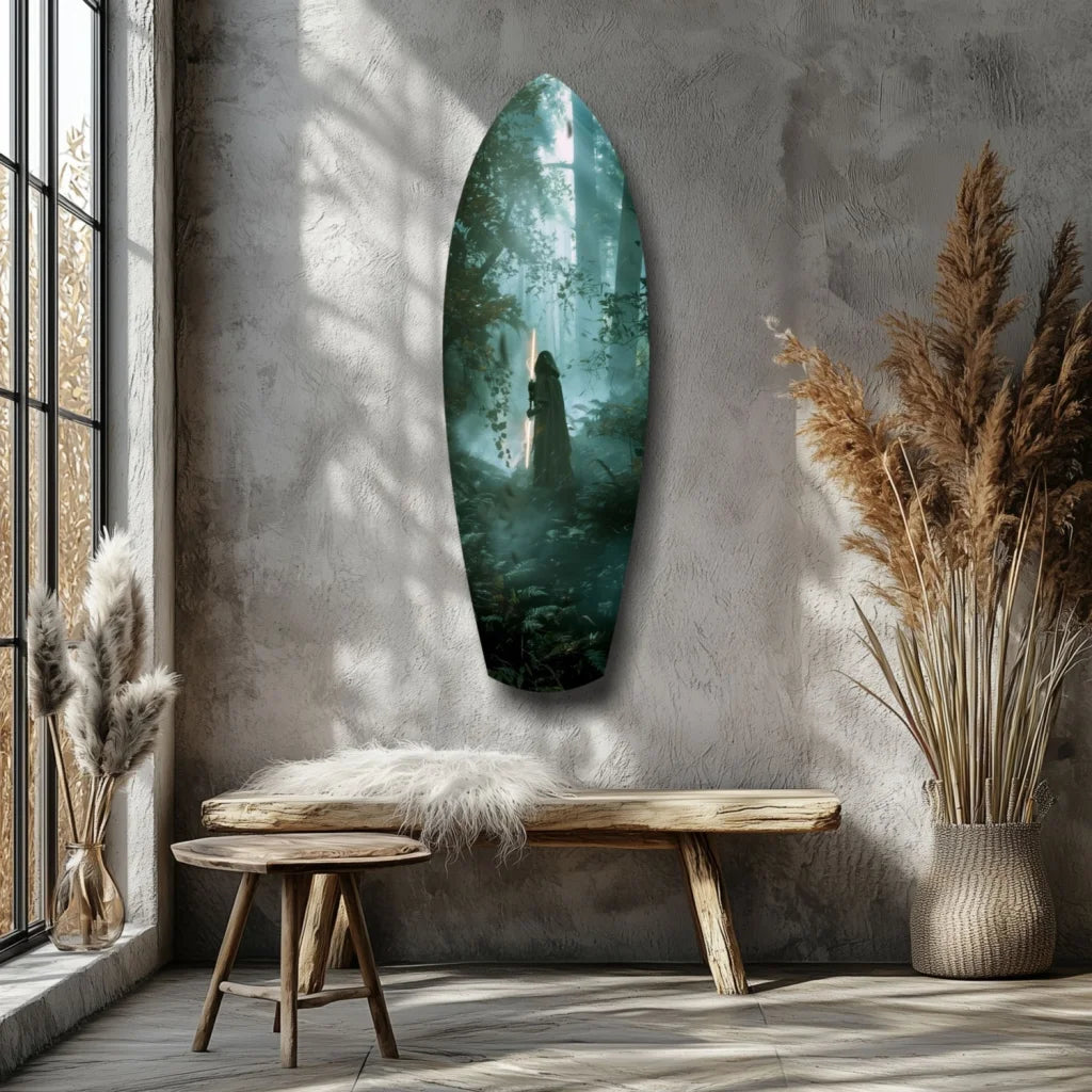 Stunning teal forest surfboard tempered glass art for walls