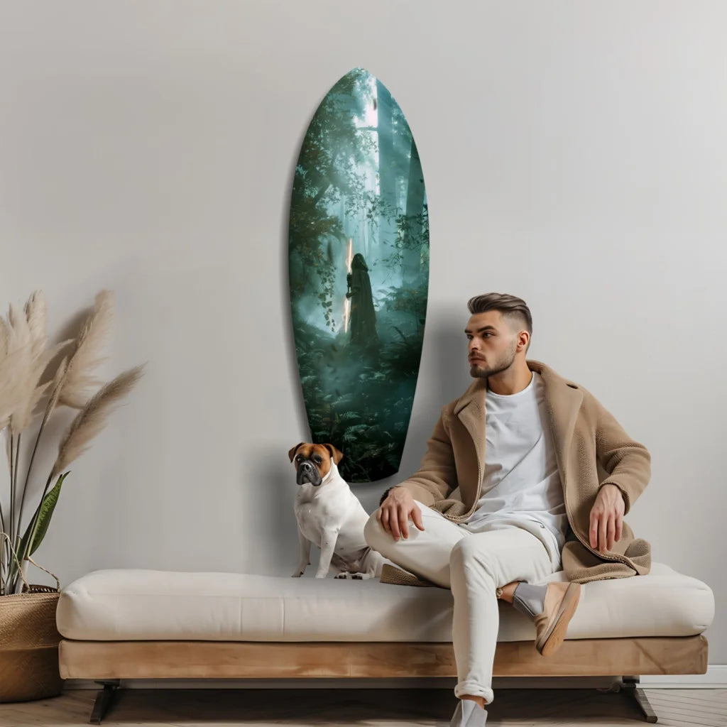 Stunning forest surfboard tempered glass art in green blue tones with wooden frame