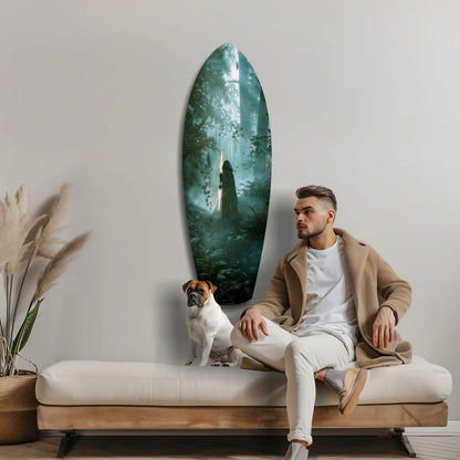 Stunning forest surfboard tempered glass art in green blue tones with wooden frame