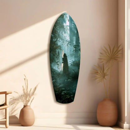 Stunning forest surfboard tempered glass art with deep greens and blues