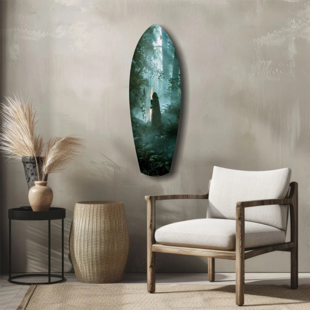 Stunning teal green gradient surfboard tempered glass art in wooden frame