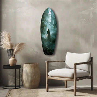 Stunning teal green gradient surfboard tempered glass art in wooden frame