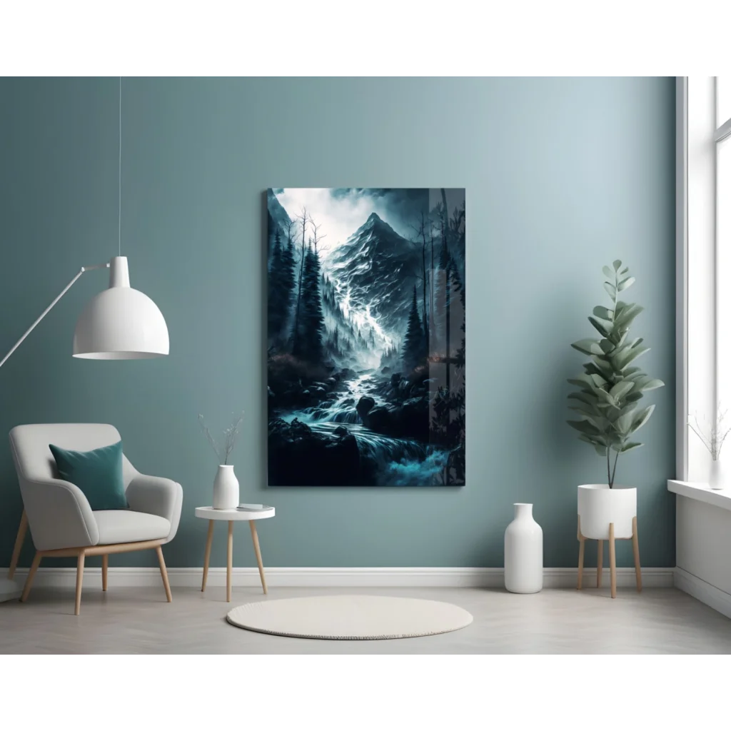 Stunning forest waterfall glass wall art canvas print in dark teal tones