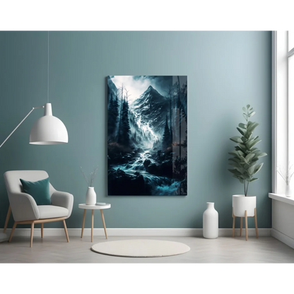 Stunning forest waterfall glass wall art canvas print in dark teal tones