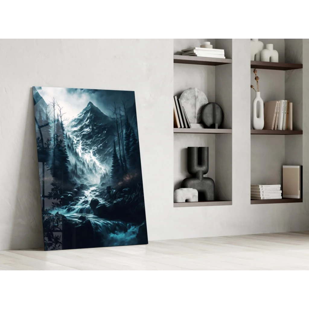 Stunning dark forest glass wall art canvas print with glowing blue river and mountain, 24x36