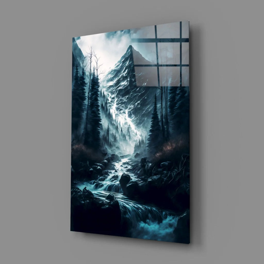 Stunning blue mountain waterfall glass wall art canvas print 24x36
