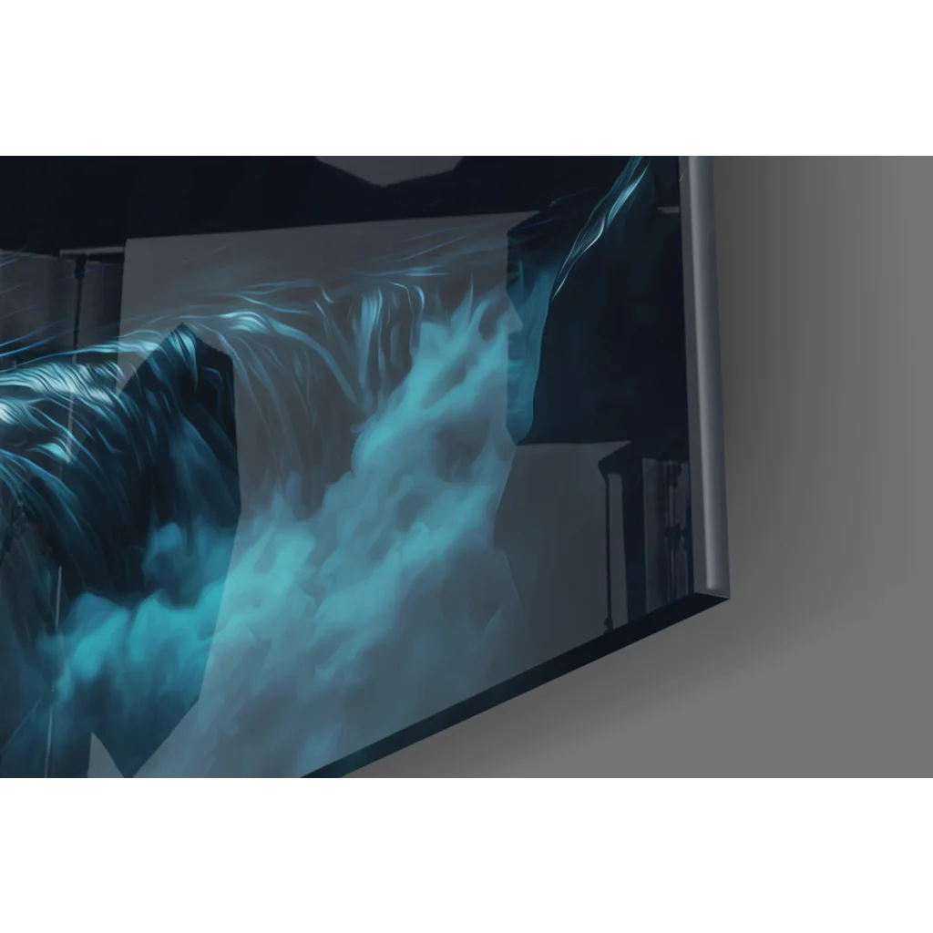 Vibrant Samsung QLED TV curved screen with blue water wall art design