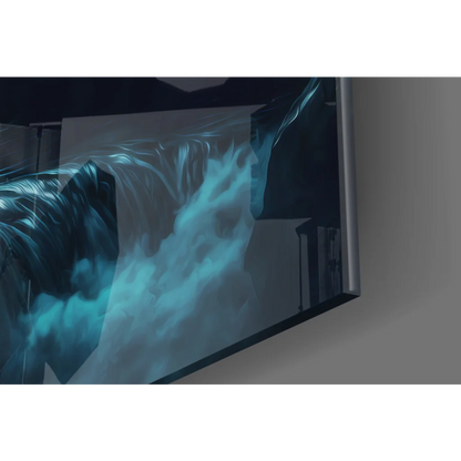 Vibrant Samsung QLED TV curved screen with blue water wall art design