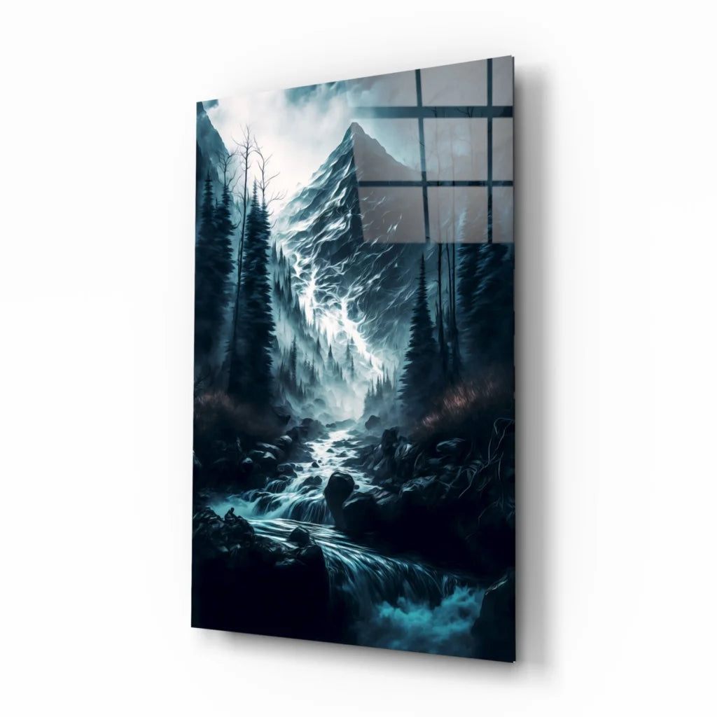 Stunning dark forest glass wall art with waterfall, mountains, blue lighting, 24x36 canvas print