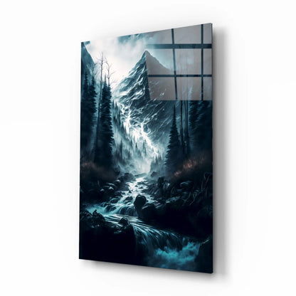 Stunning dark forest glass wall art with waterfall, mountains, blue lighting, 24x36 canvas print