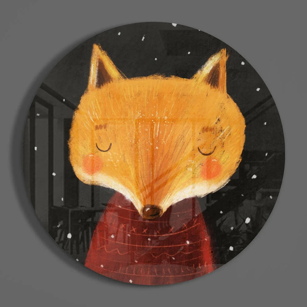 Cute fox plush with red scarf on starry night tempered glass art