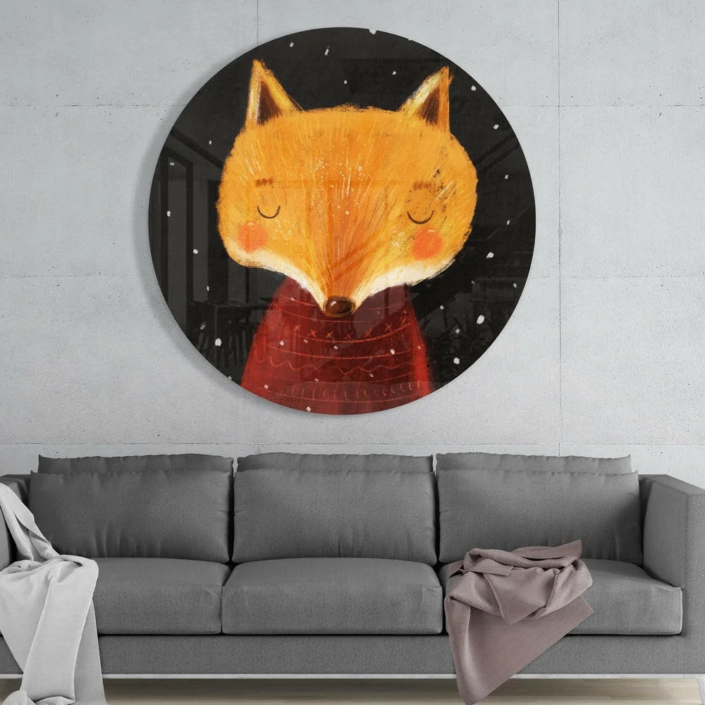 Stunning fox tempered glass art with red scarf on black starry night background