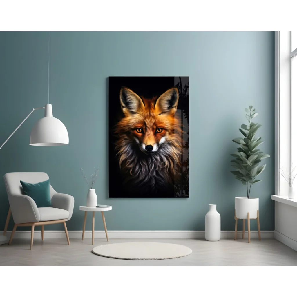 Stunning fox wall art print on canvas with fiery orange black fur