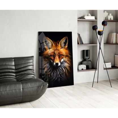 Red fox wall art print with fiery orange fur on black background