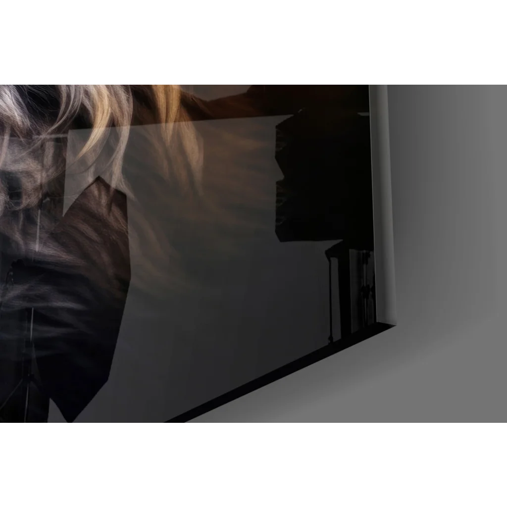 Fiery orange fox fur in black leather jacket on glass wall art