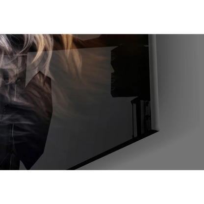 Fiery orange fox fur in black leather jacket on glass wall art