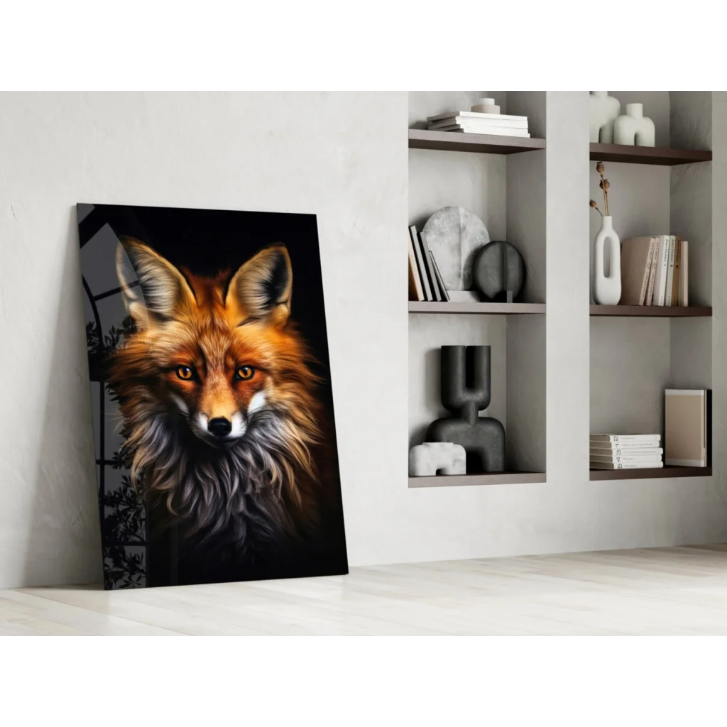 Vibrant red fox wall art print with fiery orange fur on black background