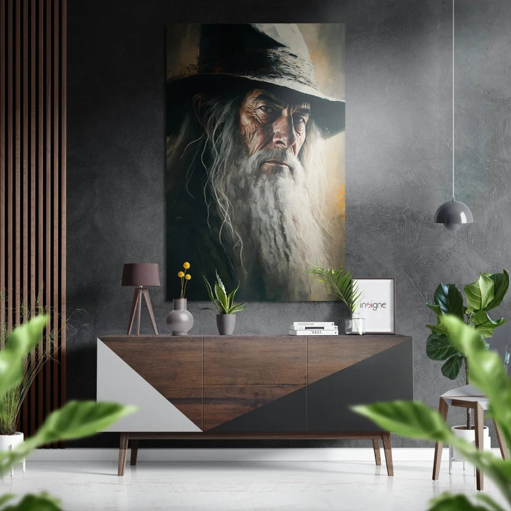 Gandalf brushed aluminium dibond wall art with white beard